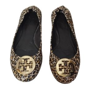 Tory Burch Leopard Print Reva Ballet Flats with Gold Logo
